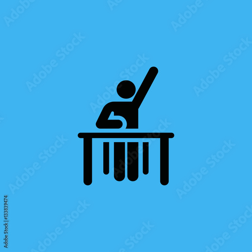 Sitting student with raised arm icon. flat design
