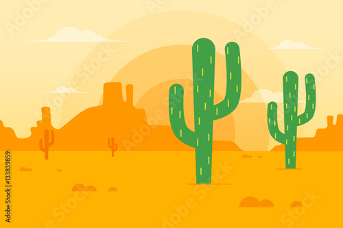 Desert Landscape with Cactus and Mountains in the Background. Flat Design Style.