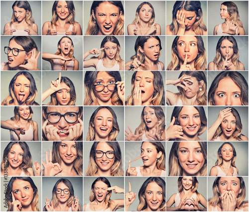 Collage of a young attractive woman expressing different emotions photo