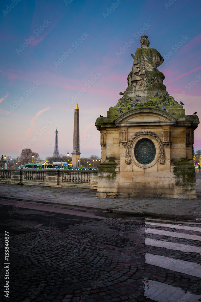 Paris Monuments at Sunrise, Place De La Concorde & The Eiffel Tower