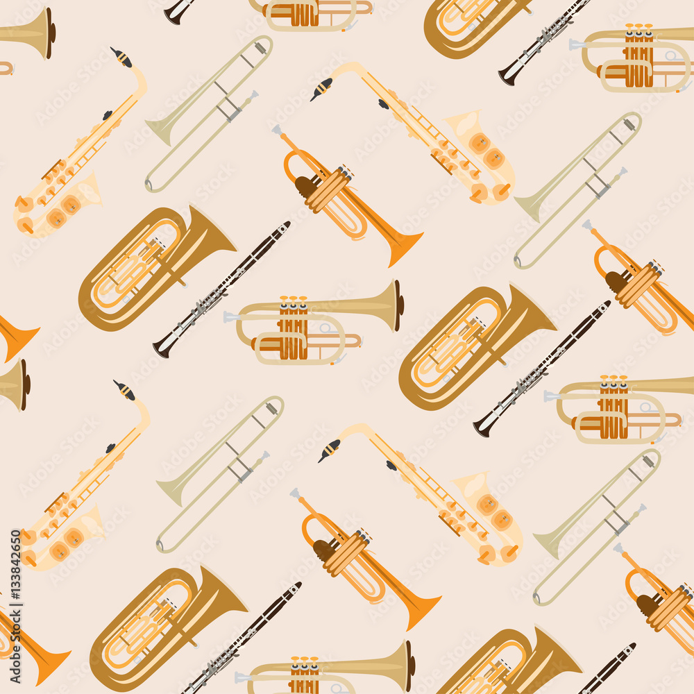 Vector seamless pattern with wind musical instruments.