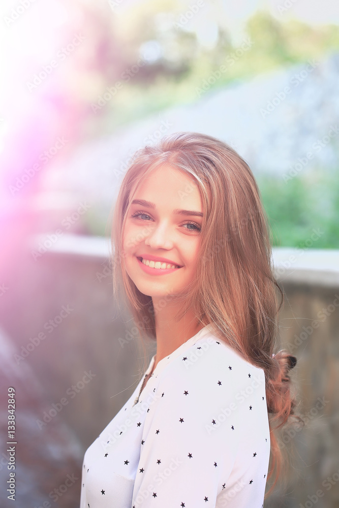 blonde cute girl on sunny day Stock Photo