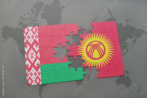 puzzle with the national flag of belarus and kyrgyzstan on a world map