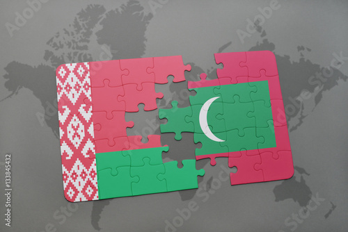 puzzle with the national flag of belarus and maldives on a world map