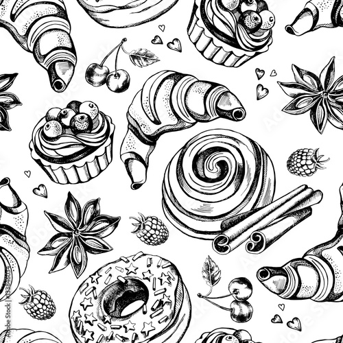 Seamless pattern with hand-drawn pastries, berries and spices: croissant, sprinkled donut, cinnamon roll, tartlet with berries, cherry, blackberry, cinnamon sticks and star anise.