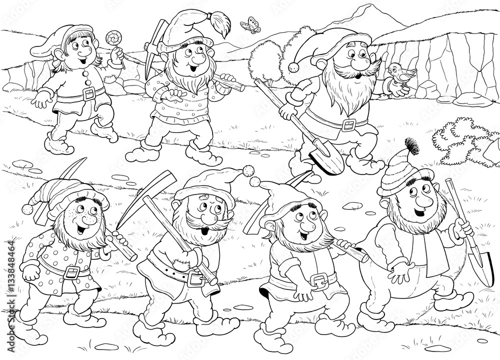 The Snow White and seven dwarfs. Fairy tale. Coloring page. Cute and