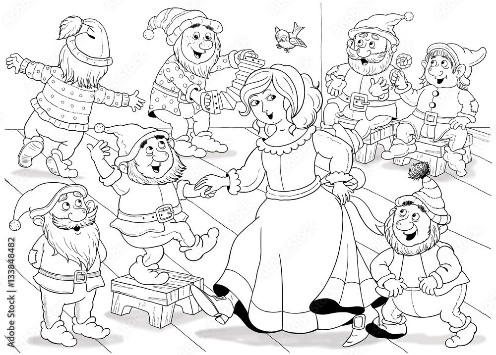 The Snow White and seven dwarfs. Fairy tale. Coloring page. Cute and funny  cartoon characters. Stock Illustration | Adobe Stock