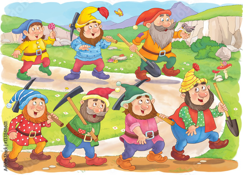 The Snow White and seven dwarfs. Fairy tale. Coloring page. Cute and funny cartoon characters. photo