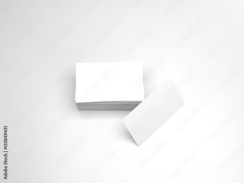 Stack of business cards. Namecards mockup template on white leather background. 3D Rendering