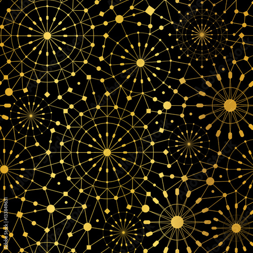 Vector Golden Black Abstract Network Metallic Circles Seamless Pattern Backgr...
