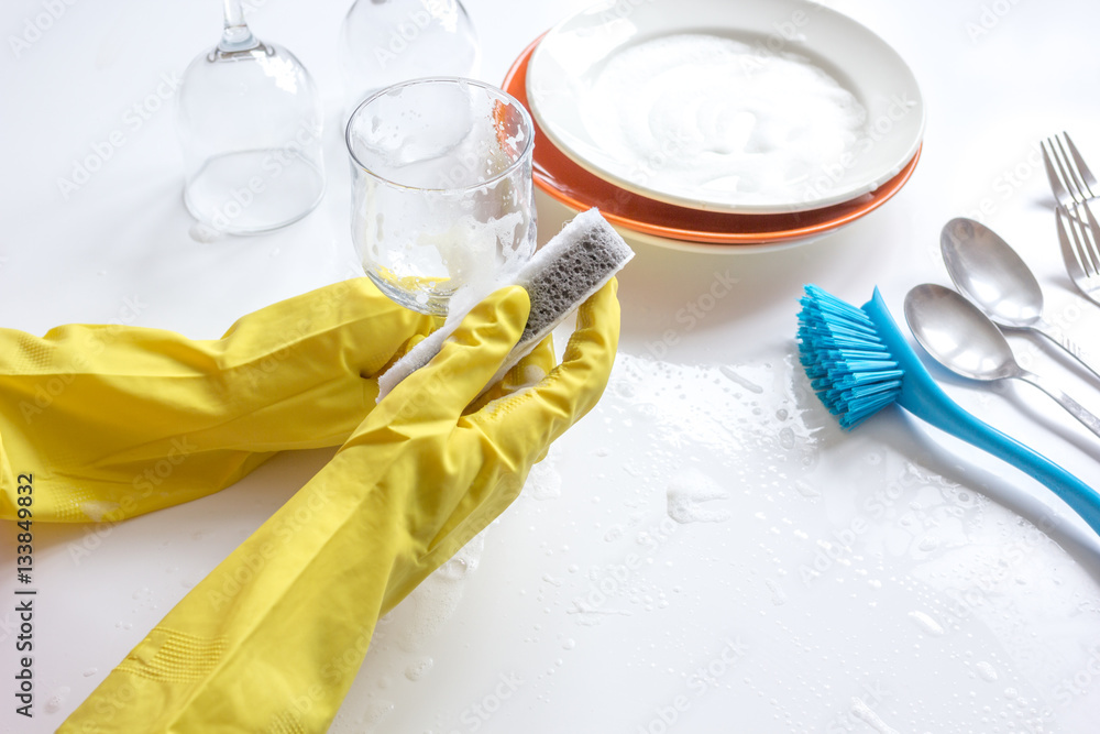 concept of woman washing dishes on white background concept of woman washing dishes on white background
