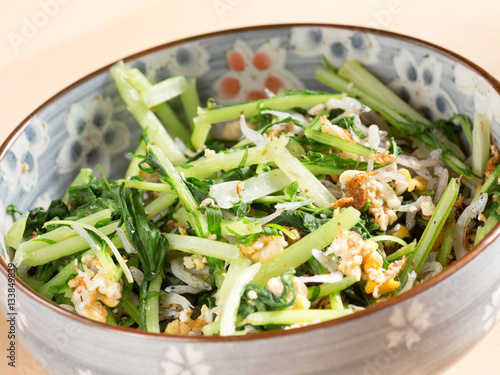 Japanese cuisine, fried potherb mustard leaf and egg photo