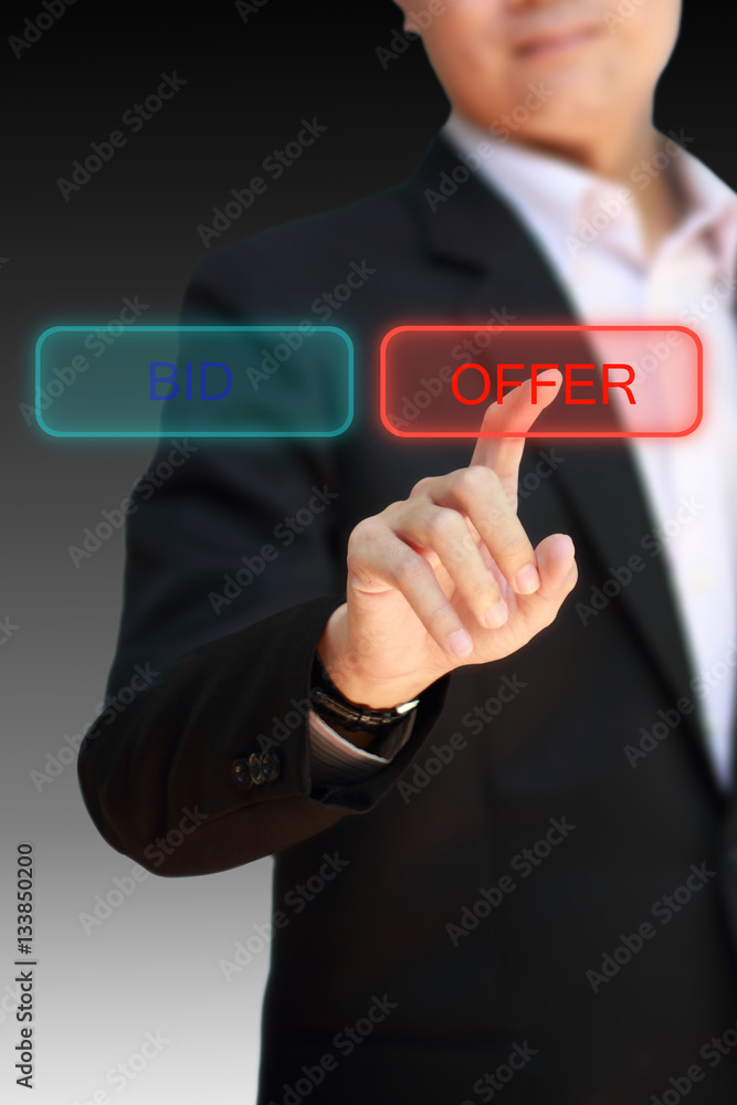 Business man finger pointing to choose OFFER. Business man finger pointing to choose OFFER.