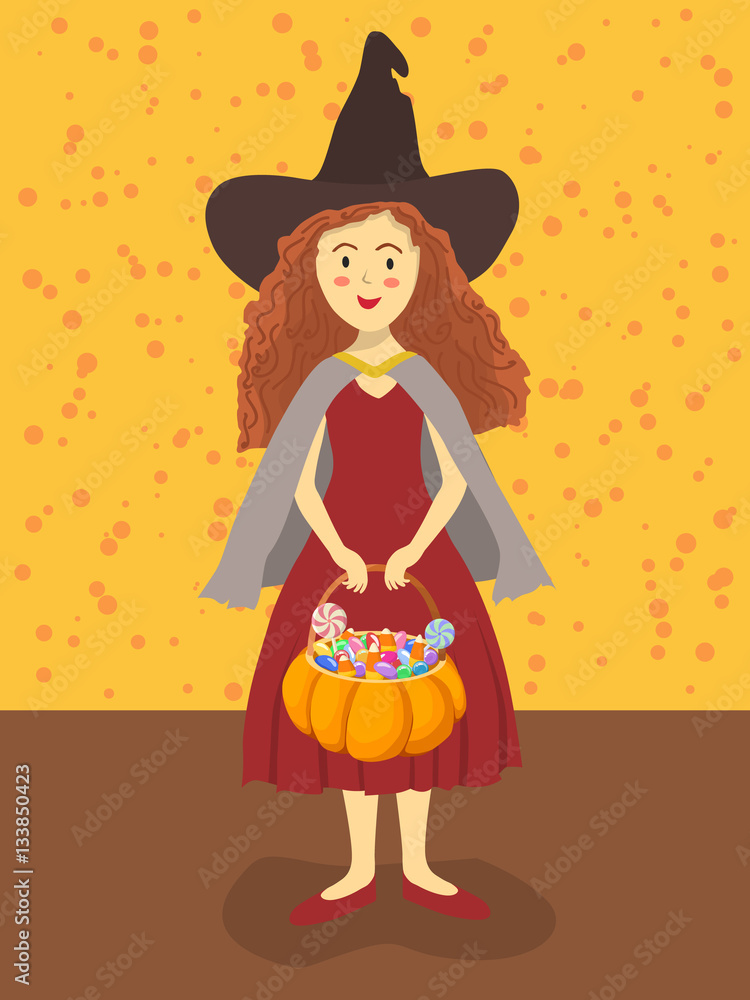 Cute girl with witch costume in Halloween event is carrying pumpkin bag with a lot of candies. Cute girl with witch costume in Halloween event is carrying pumpkin bag with a lot of candies.