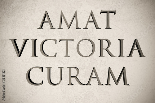 Latin quote "Amat victoria curam" on stone background, 3d illustration - meaning "Victory loves diligence"
