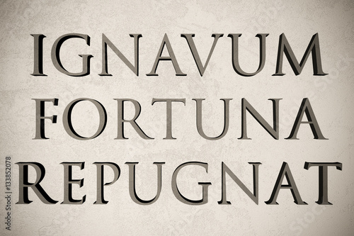 Latin quote "Ignavum fortuna repugnat" on stone background, 3d illustration - meaning "Fortune disdains the lazy"