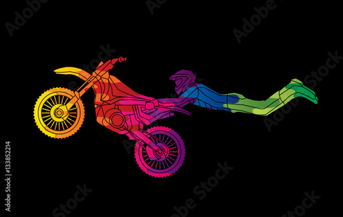 Freestyle Motocross flying trick designed using melting colors graphic vector