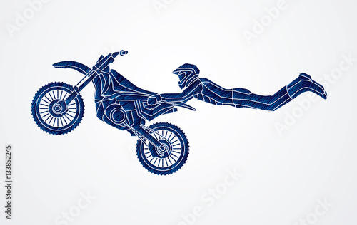 Freestyle Motocross flying trick designed using blue grunge brush graphic vector