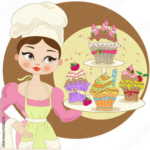 Woman Chef with Cakes Tray