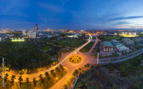 Aerial view of Hanoi skyline by twilight period. Hanoi cityscape with Le Duc Tho street, way of My Dinh stadium entrance
