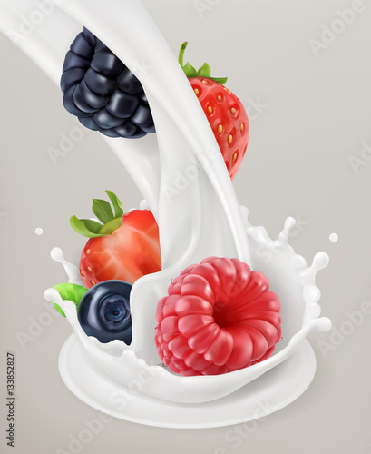 Milk splash and berry. 3d vector object. Natural dairy products