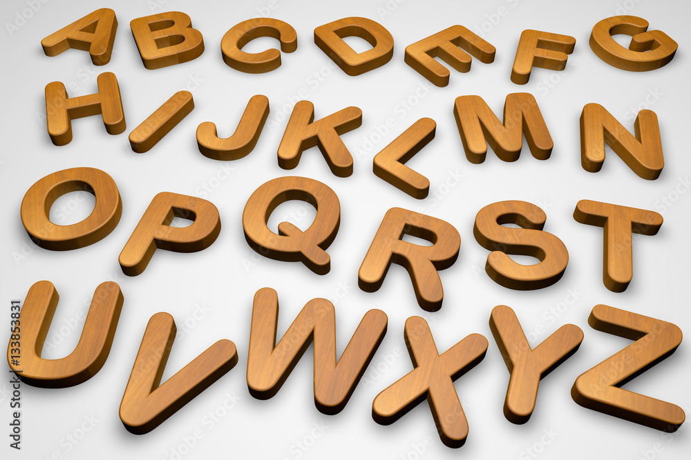 Wooden alphabet letters isolated on white, 3d illustration Wooden alphabet letters isolated on white, 3d illustration