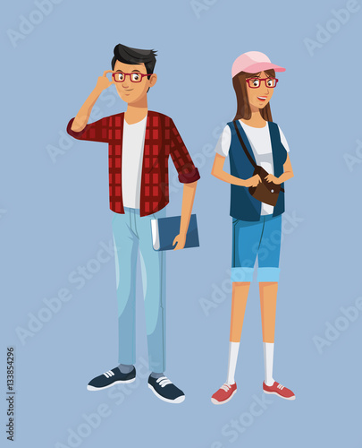 teens girl and boy students book glasses bag vector illustration eps 10