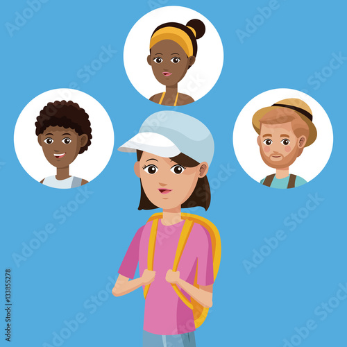 young girl tshirt ccap and group travelers vector illustration