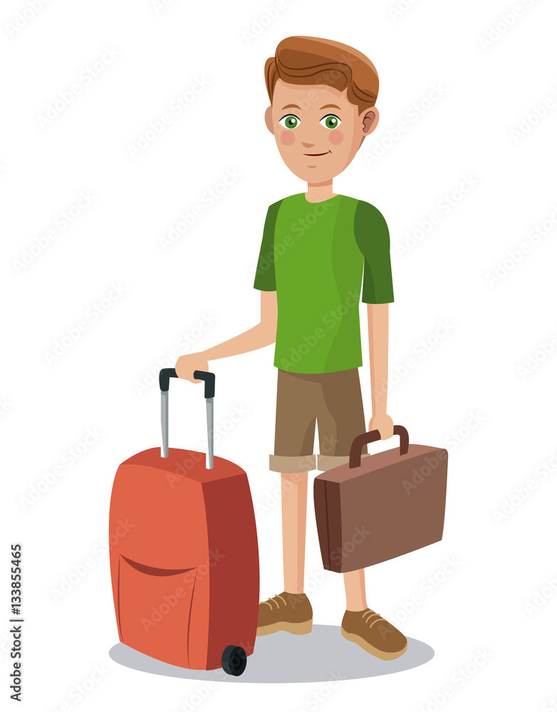 cute boy tourist eyes with suitcase baggage vector illustration cute boy tourist eyes with suitcase baggage vector illustration
