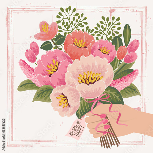 Vector illustration of a bouquet of beautiful flowers in hands. Beige background