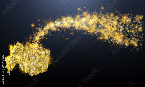 Golden sparkle jewelry gift present box with glittering magical dust and stars pattern in advertisement promotion or seasonal holiday celebration isolated black banner background, create by vector
