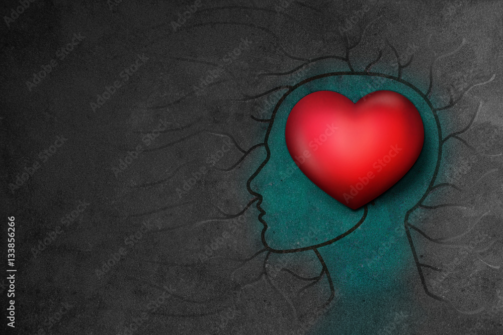 Human head with 3d Red Heart over dark Grunge Background Human head with 3d Red Heart over dark Grunge Background