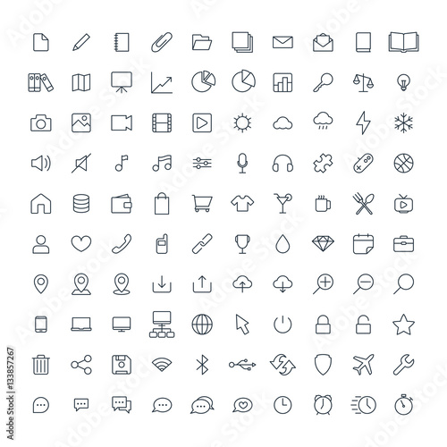 Web minimalistic universal thin line 100 icon set on white background