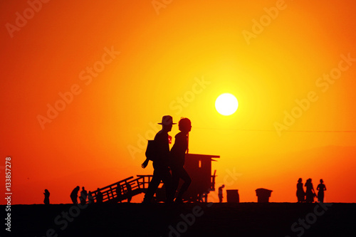 Couple at Beach Santa Monica Sunset US Summer Dawn