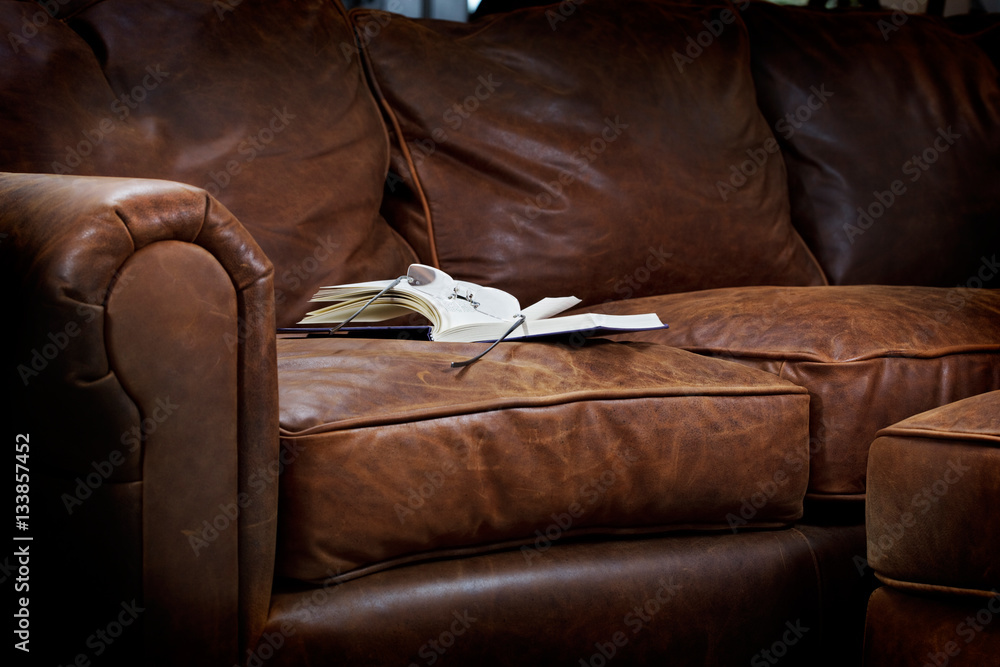 Cozy reading spot on a soft brown leather sofa Stock-Foto | Adobe Stock