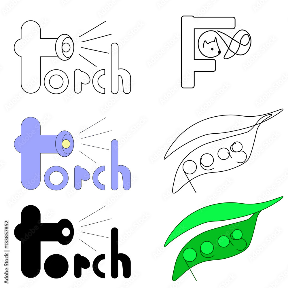 Vector set of logos for words torch, fox and peas