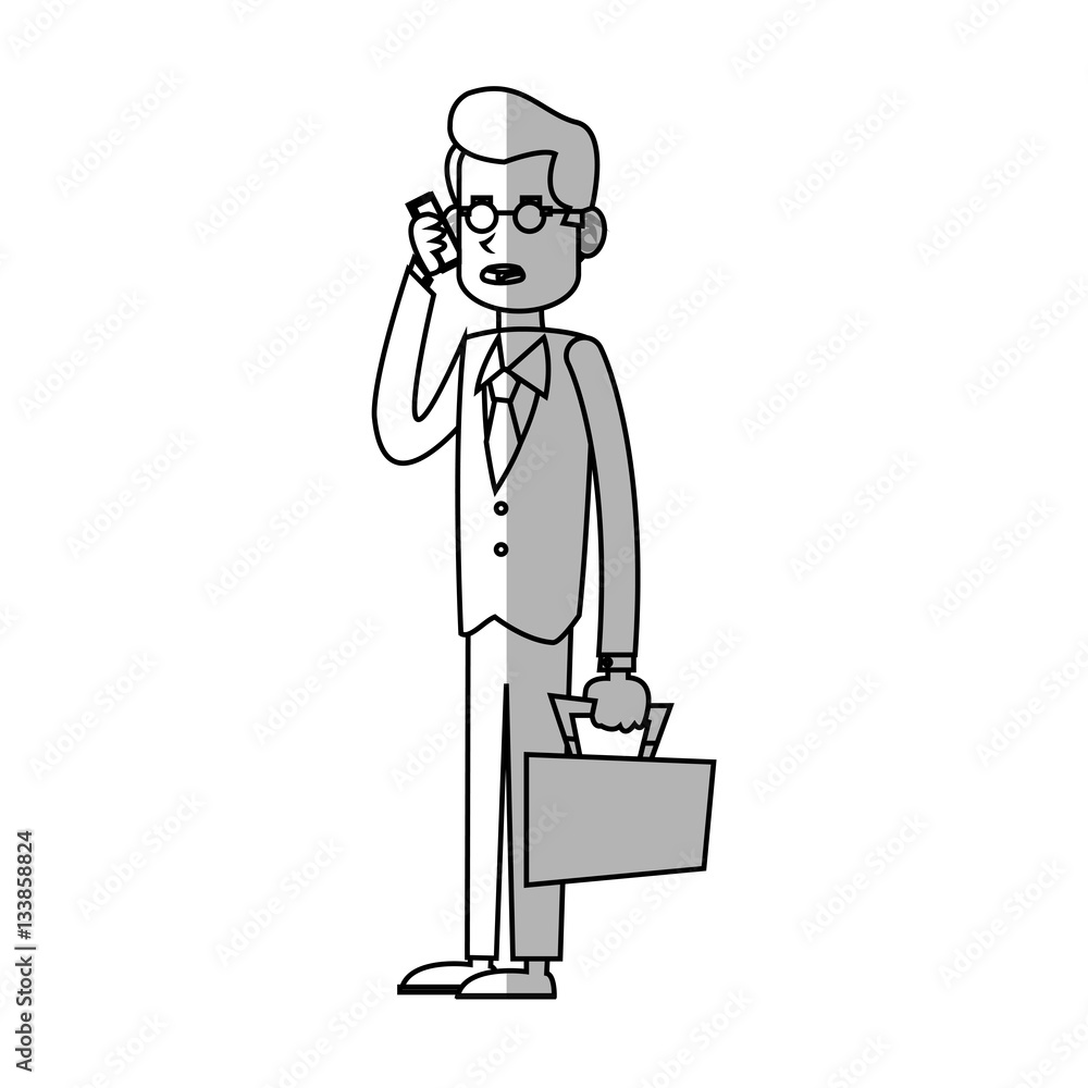 businessman cartoon using a smartphone over white background. vector illustration