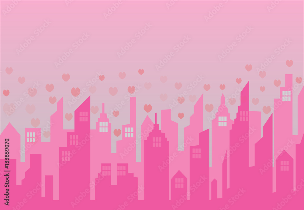 Vector City landscape with pink love on Valentine's Day.