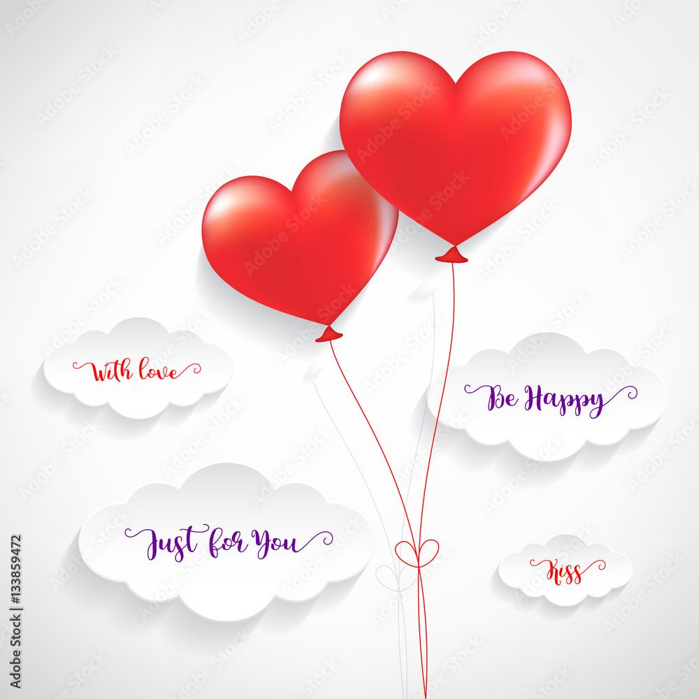 Heart shape balloons with cloud. Concept of love and valentine's day,  Illustration.
