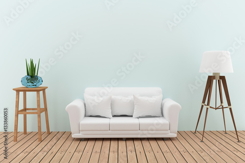 white sofa decorate with tree and lamp in the green room interior design in 3D render image