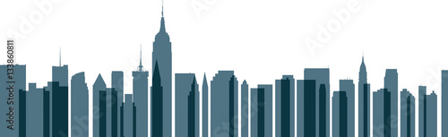 Overlapping, transparent building silhouettes of buildings on the New York City, USA skyline.
