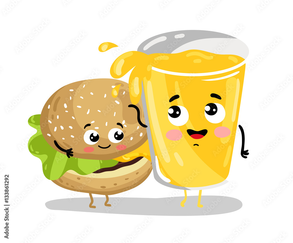 Cute burger and lemonade glass cartoon characters isolated on white  background vector illustration. Funny fast food restaurant menu emoticon  face icon. Happy smile cartoon face, comical burger, drink Stock Vector |  Adobe