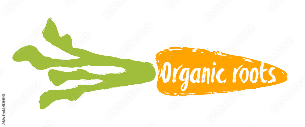 Organic roots label with carrot silhouette hand drawn isolated vector ...
