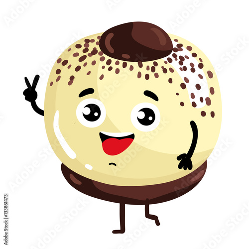 Cute cake cartoon character isolated on white background vector illustration. Funny positive and friendly sweet dessert emoticon face icon. Happy smile cartoon face food, comical cake brownie mascot