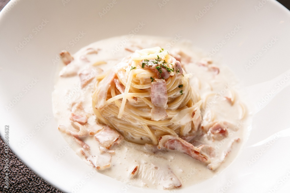 Spaghetti alla Carbonara on table Spaghetti alla Carbonara on table