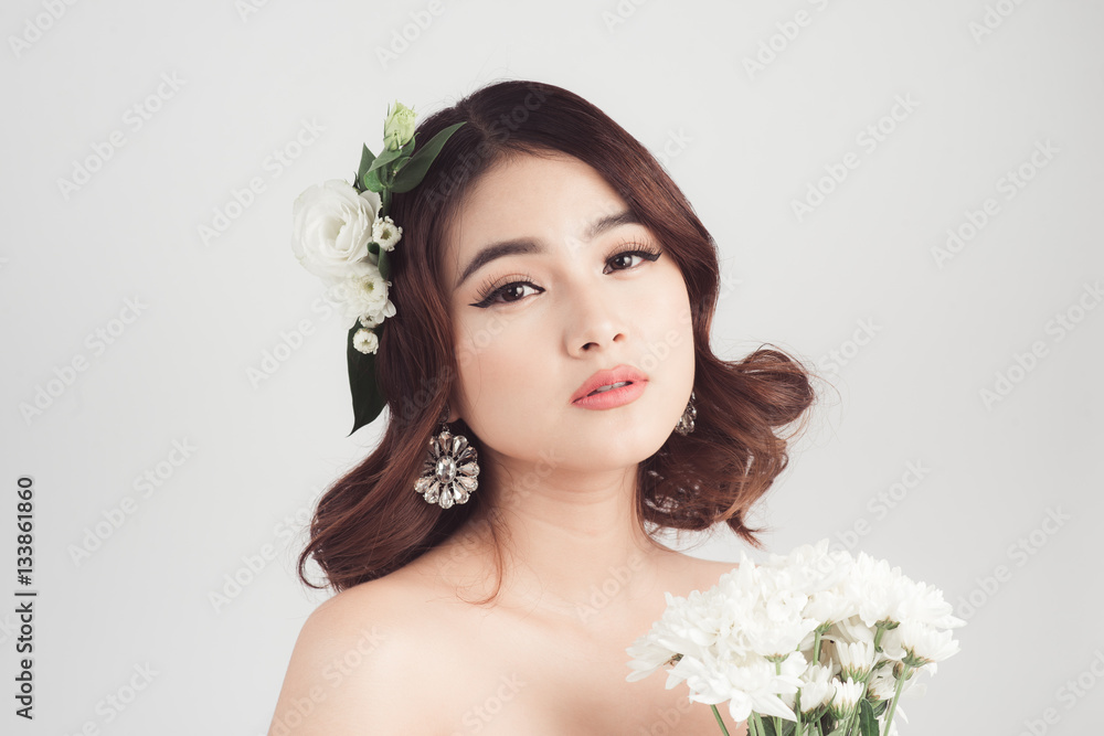 Beautiful asian woman bride on grey background. Closeup portrait Beautiful asian woman bride on grey background. Closeup portrait