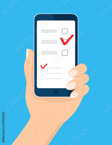 Online survey, checklist. Hand holds mobile phone, smartphone and finger touch screen. Feedback business concept. Cartoon flat vector illustration isolated on blue. Design for web site, mobile app