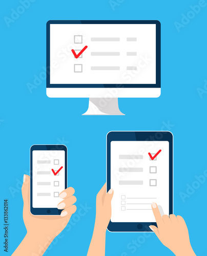 Online survey, checklist set. Hand holds tablet, computer, mobile and finger touch blank screen. Feedback business concept. Cartoon flat vector illustration for web site, mobile app