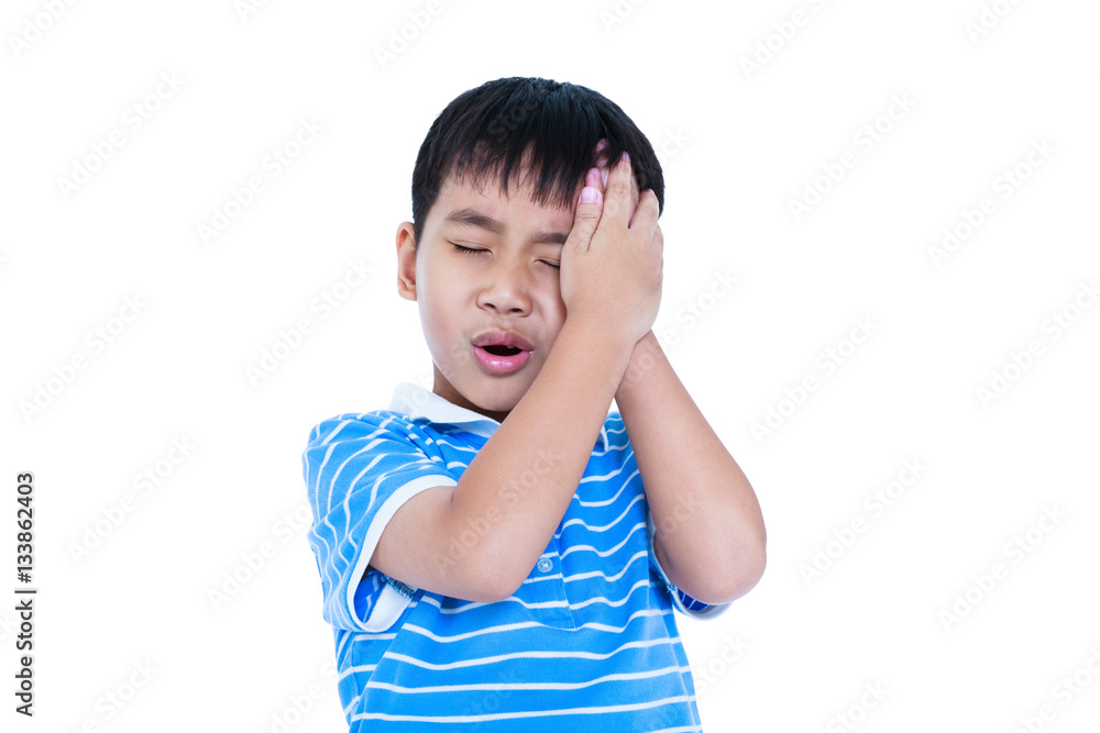 Asian handsome boy have a headache. Isolated on white background Asian handsome boy have a headache. Isolated on white background