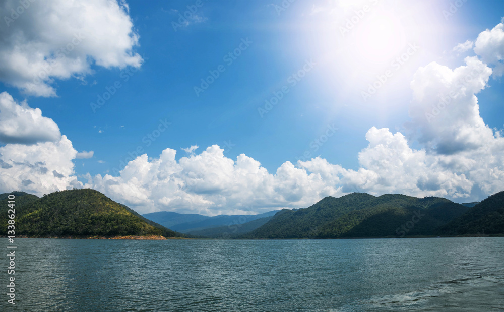 landscape mountains and water view in sun  sky, in kanchanaburi,